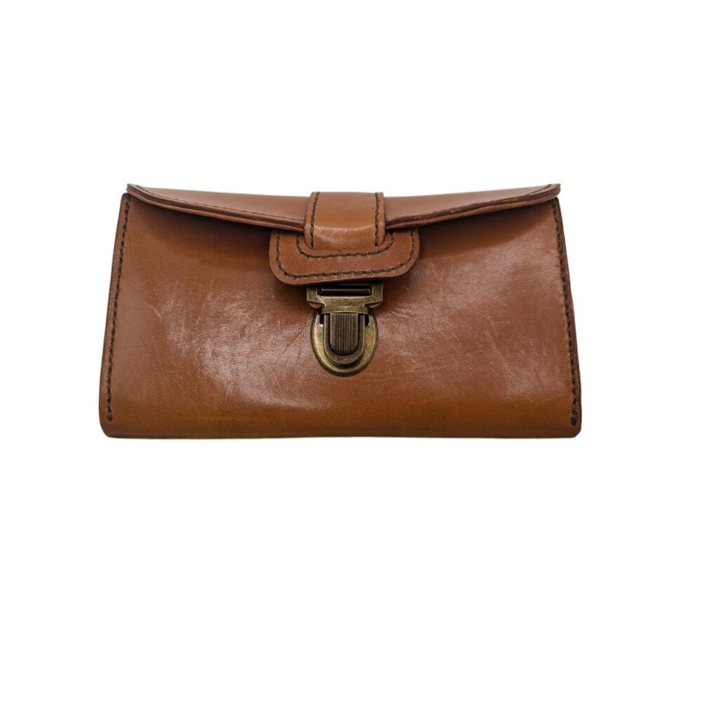 Vintage-Style Brown Leather Clutch Wallet With Brass Turn-Lock Closure Multiple - Picture 6 of 12